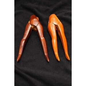 Vintage Wooden Nutcrackers Figural Leg Design Pair Folk Art Kitchen Tools